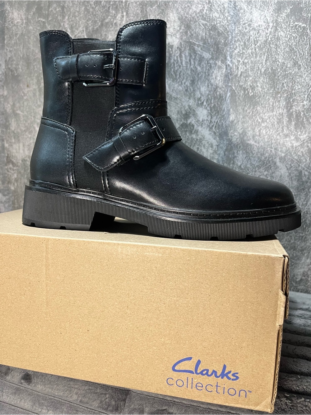 Clarks Black Leather Buckle Ankle Boots New